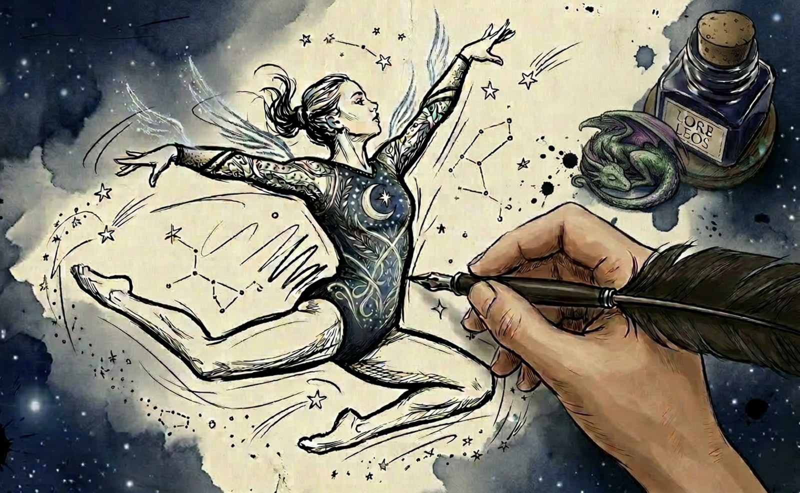 A hand drawing a gymnast into the constellations with a Lore Leos inkwell and quill